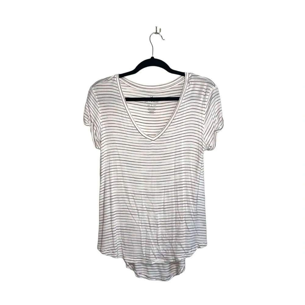 American Eagle Soft & Sexy T Striped Tee White V-neck Short Sleeve Small Women’s